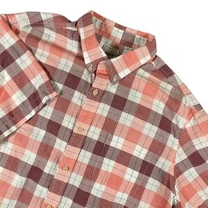 ROWM Button Up Shirt Short Sleeve Mens Size‎ XL Plaid Red Coral White Casual